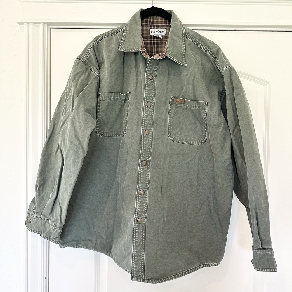 Vintage Carhartt Shirt Jacket Men's XL Green Canvas Flannel Lined FLAW READ